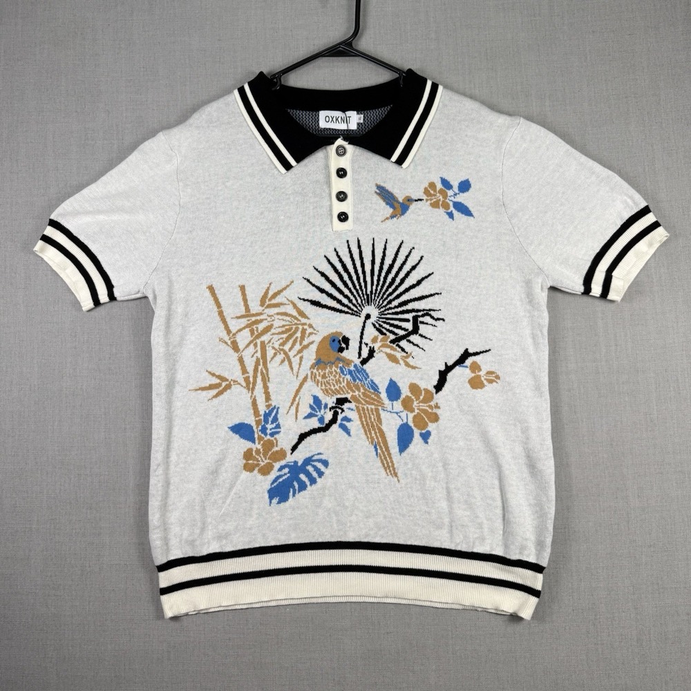 OXKNIT Shirt Men's Size XL Polo Bird & Floral Soft Beige 100% Cotton NWT